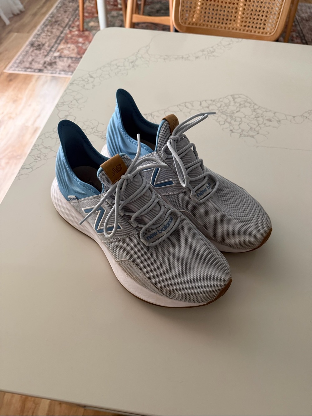 New Balance Women’s Light Gray and Light Blue Athletic Sneakers with Tan Accents